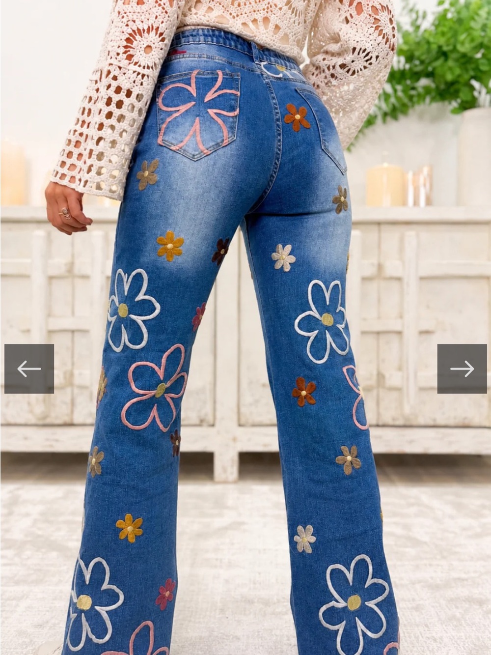Blue Floral Embroidered Flare Jeans - Women's Wide Leg - Picture 2 of 8